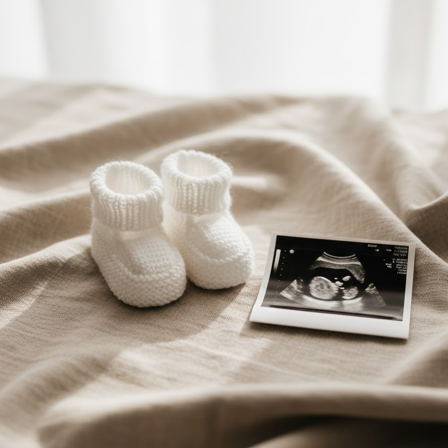 simple-baby-announcement-photo-baby-shoes-ultrasound-soft-neutral-background