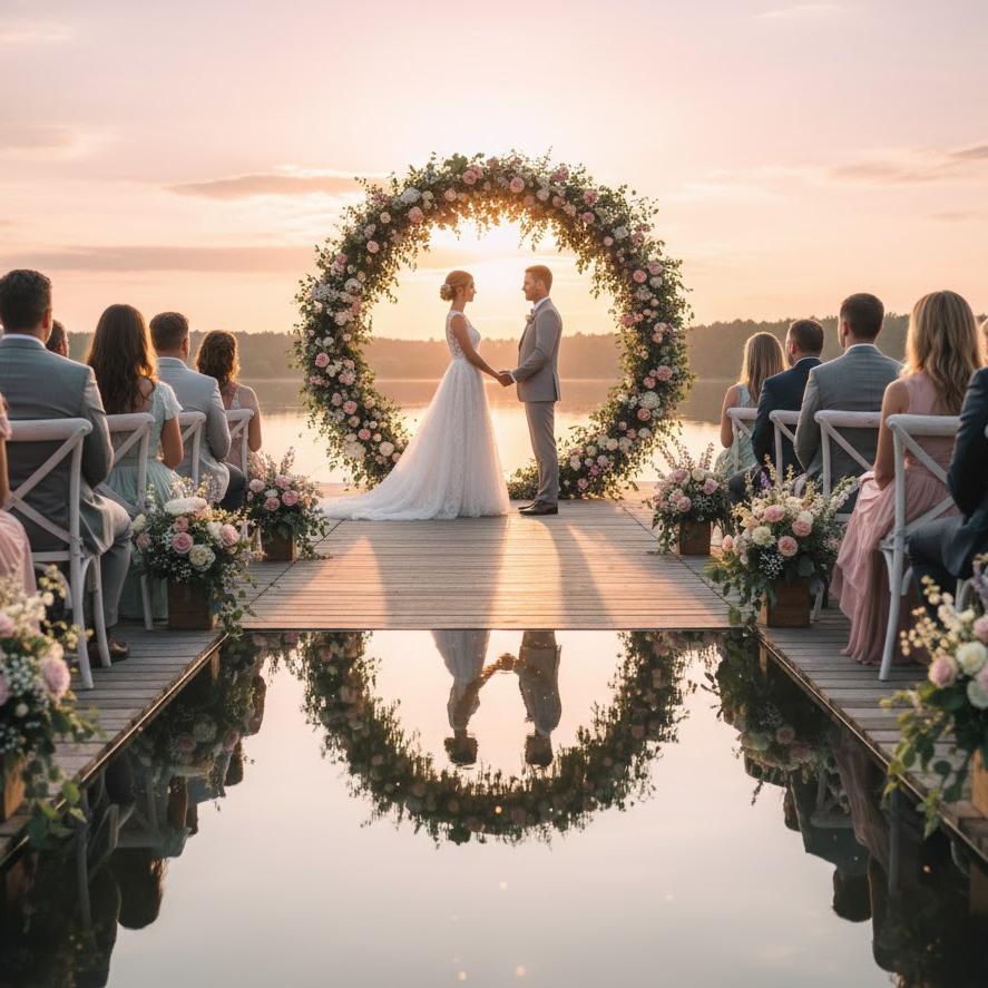 lakeside-wedding-ceremony-circular-arch-sunset-water-view
