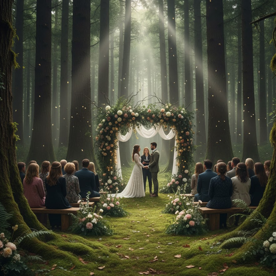 forest-wedding-ceremony-trees-boho-arch-nature-setting