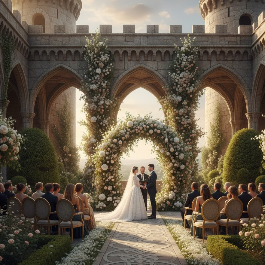 castle-wedding-ceremony-stone-arches-garden-elegant-setting