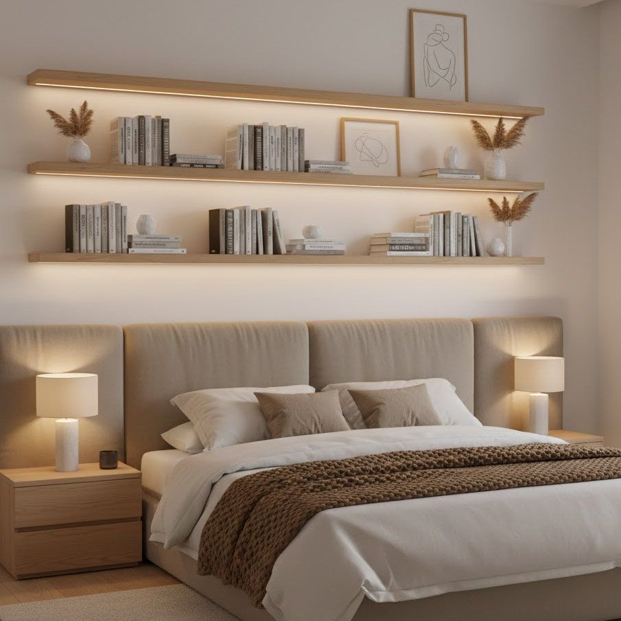 floating-shelves-above-bed-modern-bedroom-books-arranged