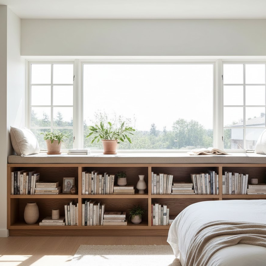 under-window-bookshelf-bedroom-bright-natural-light