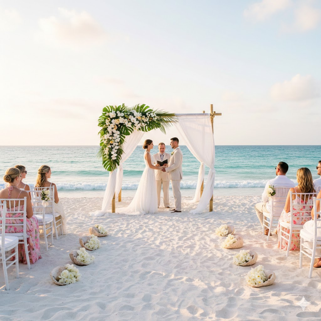 beachfront-wedding-ceremony-bamboo-arch-tropical-flowers-ocean-view