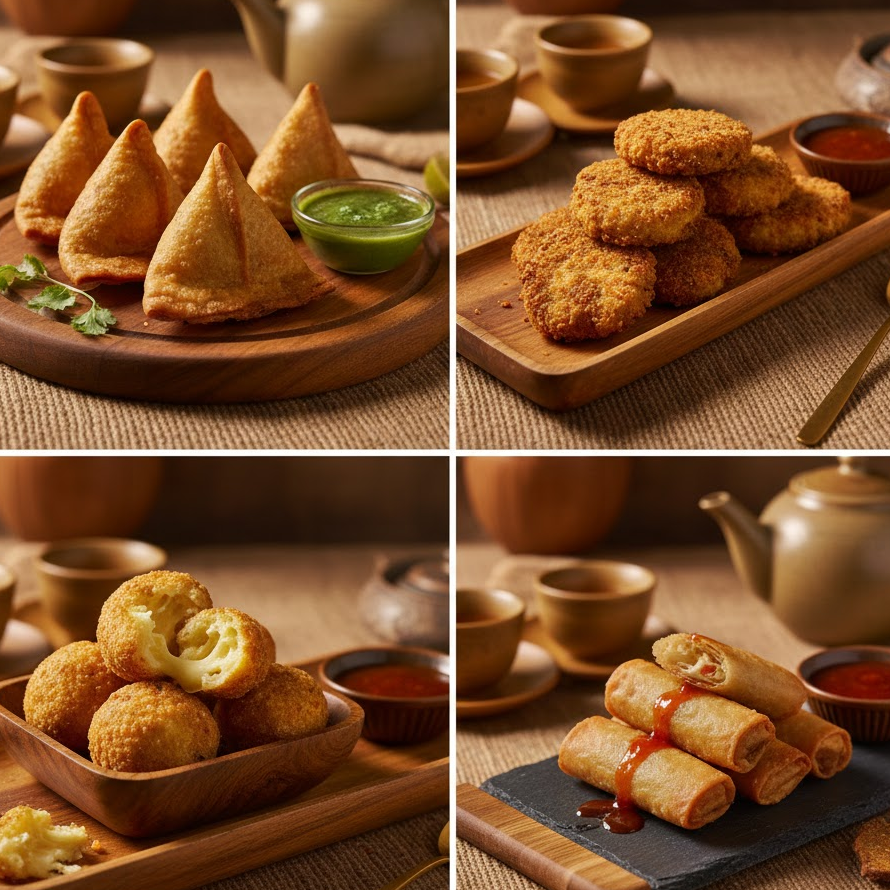 savory-tea-party-snacks-samosas-cutlets-spring-rolls