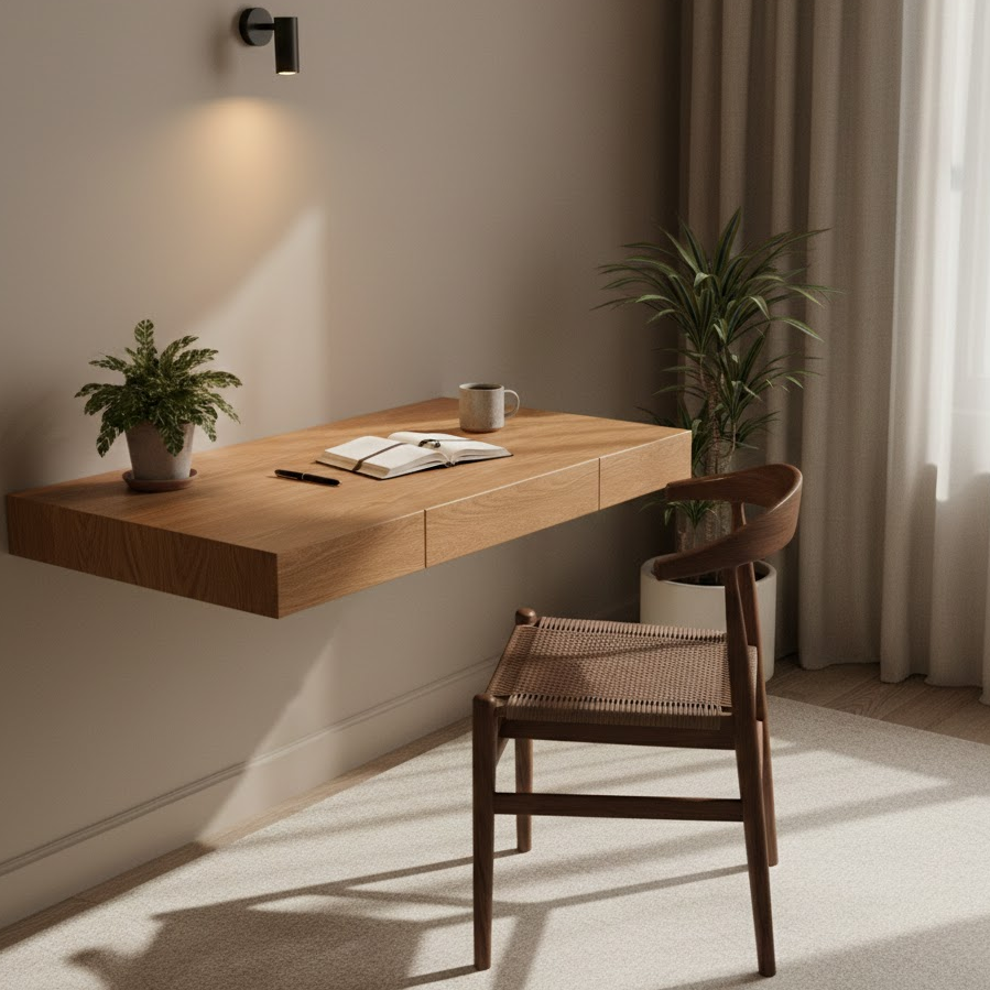 wooden-floating-study-table-natural-finish-wall-mounted-desk-cozy-interior